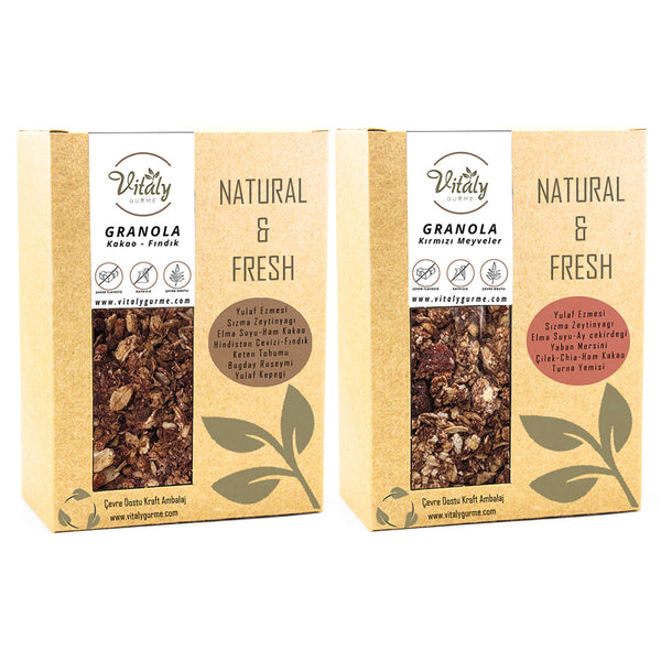 Doğal Katkısız GRANOLA KAKAO - FINDIK 320g ve KIRMIZI MEYVELER 320g 2li Set