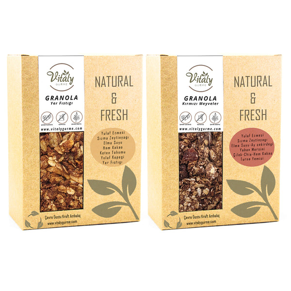 Doğal Katkısız GRANOLA YER FISTIĞI 320g ve KIRMIZI MEYVELER 320g 2li Set