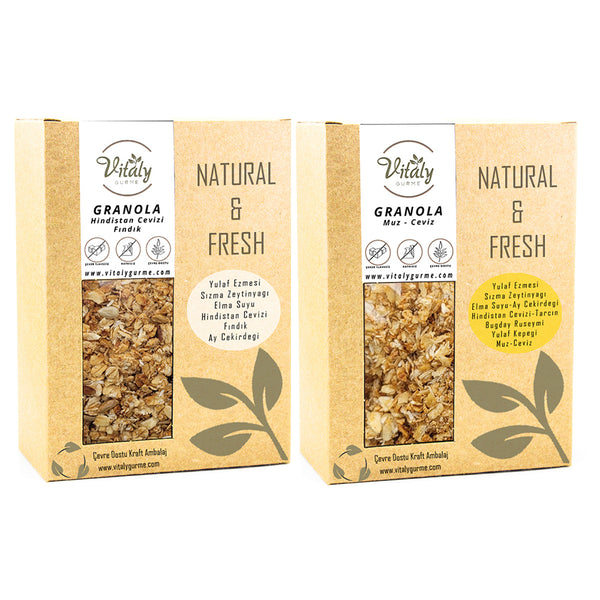 Doğal Katkısız GRANOLA HİNDİSTAN CEVİZİ - FINDIK 320g ve MUZ - CEVİZ 320g 2li Set