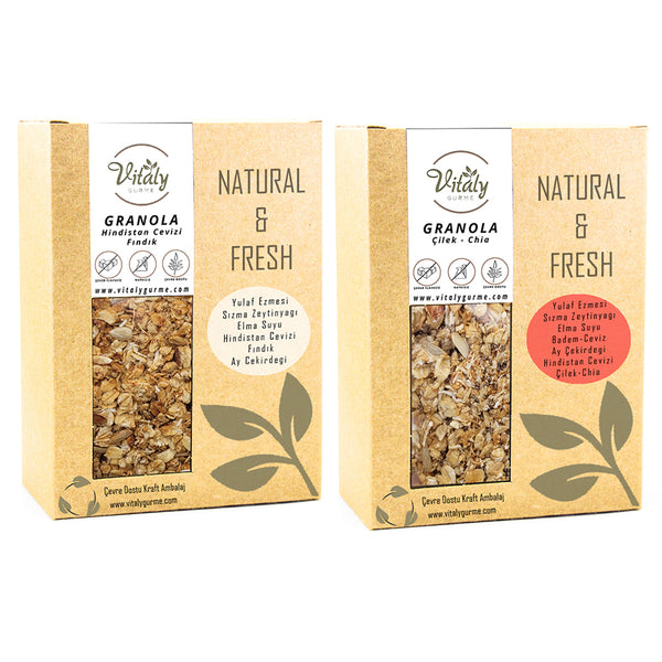 Doğal Katkısız GRANOLA HİNDİSTAN CEVİZİ-FINDIK 320g ve ÇİLEK-CHİA 320g 2li Set